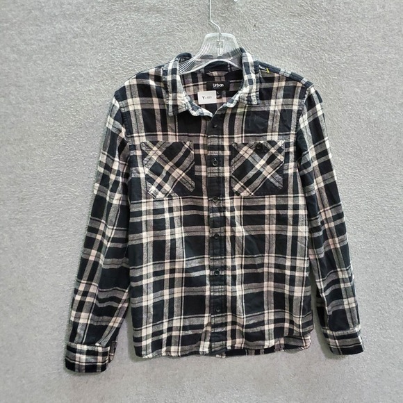 Urban Pipeline Men Button Up Shirt Large Black Plaid Flannel Long Sleeve Pockets - Picture 1 of 8